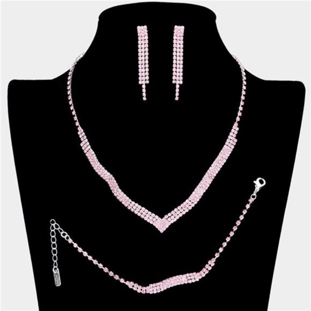 3 Piece 3 Rows Crystal Rhinestone Necklace Jewelry Set